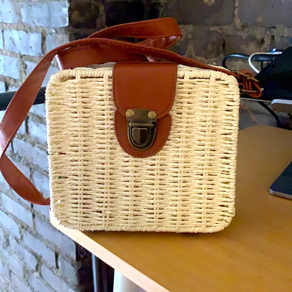 Creme and Brown Faux Leather Woven Cross Body Bag